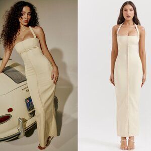 House of CB 'Mia' Ecru Halter Stretch Crepe Maxi Dress NWT